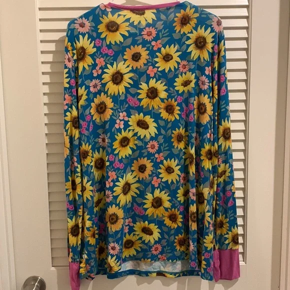 Little Sleepies Women’s Blue and Pink Sunflower Fields Bamboo Pajama Set Size XL - Picture 3 of 12